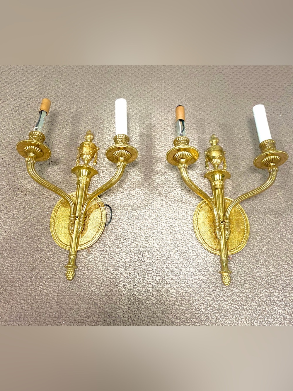 Vintage Lux Spain Gold Double-Arm Wall Sconces Pair